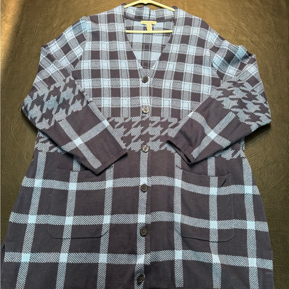 Isaac Mizrahi Live Plaid Button Front Cardigan Sweater 2X Blue Knit